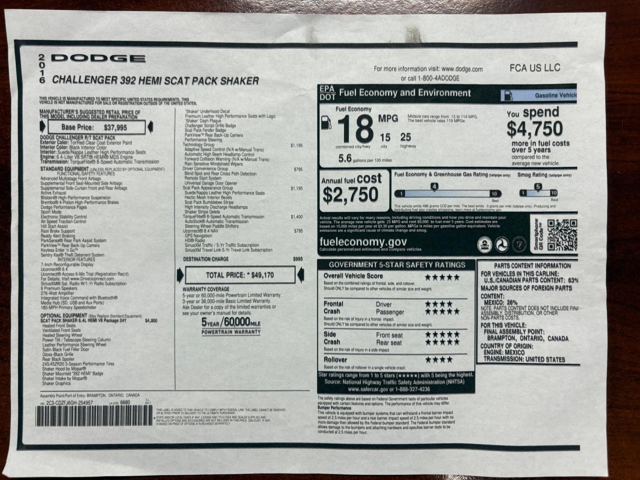 2016 Dodge Challenger R/T Scat Pack 392 Shaker