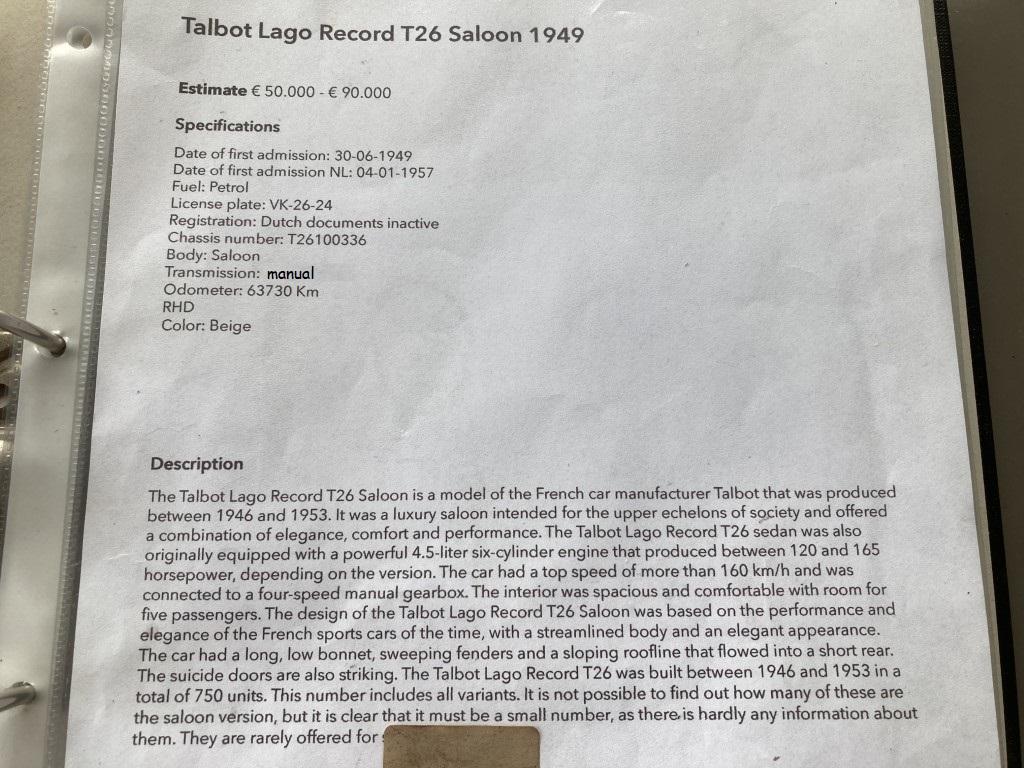 1949 Talbot T26 Saloon (RHD)