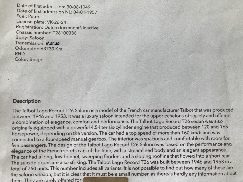 1949 Talbot T26 Saloon (RHD)