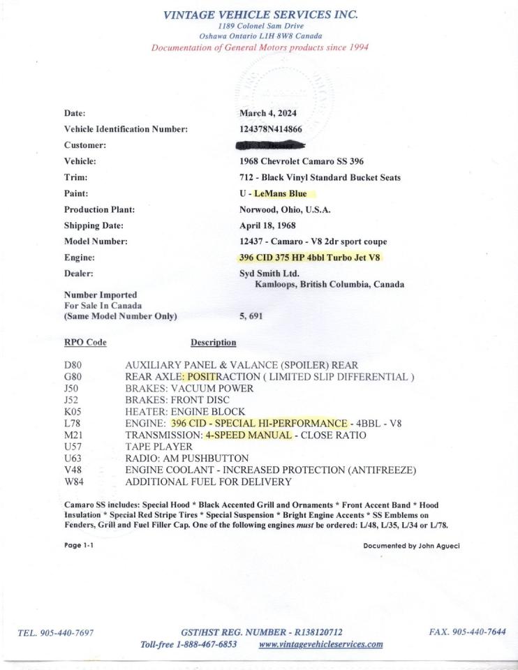 1968 Chevrolet Camaro SS 396 L-78
