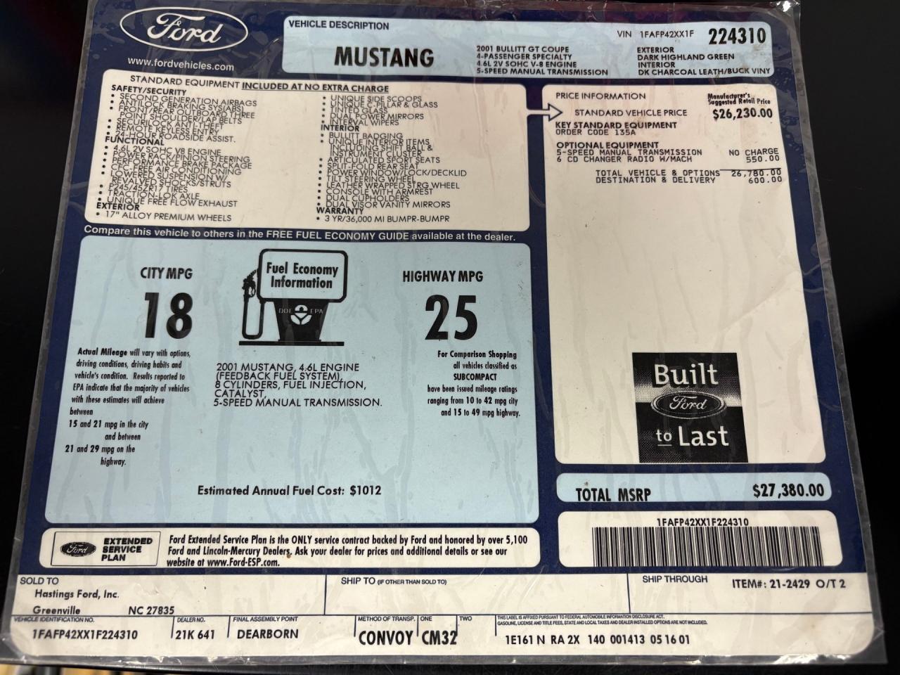 2001 Ford Mustang Bullitt GT
