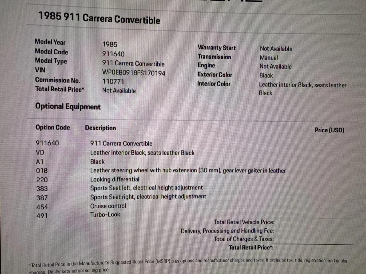 1985 Porsche M491 911 CABRIOLET