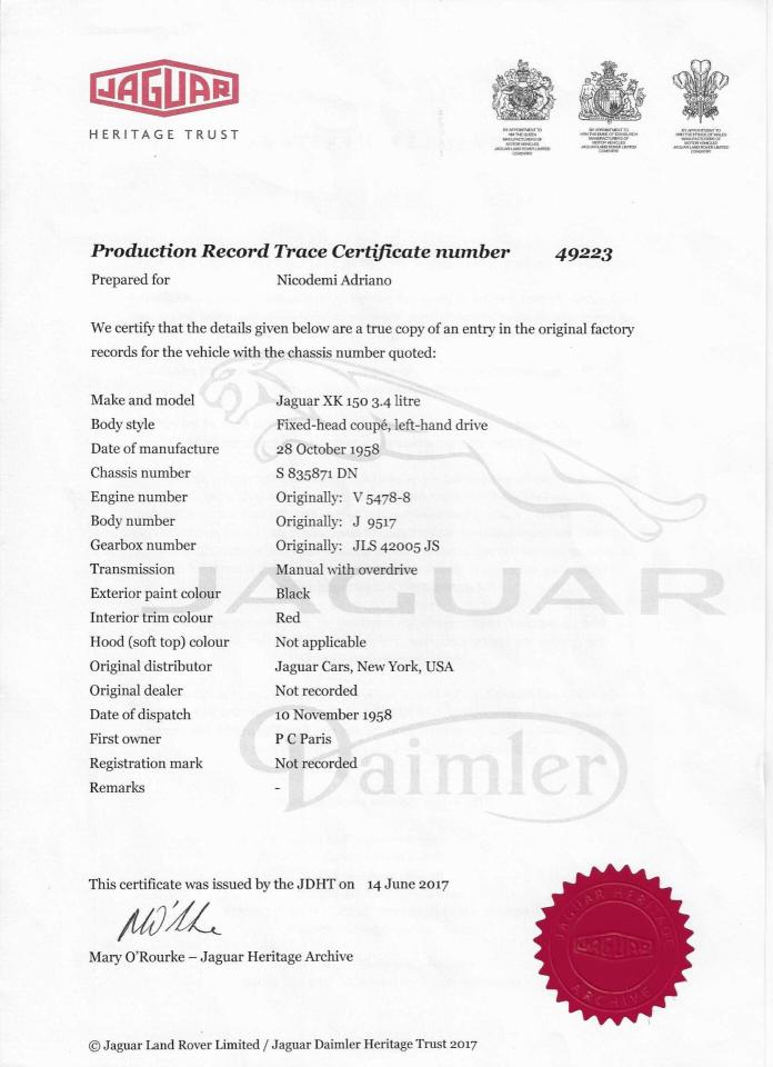 1958 Jaguar XK 150 FHC 3.4 LITRE