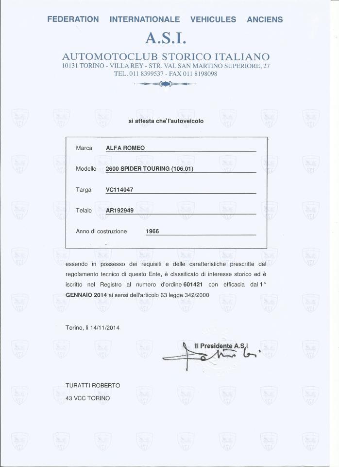1966 Alfa Romeo 2600 TOURING SPIDER